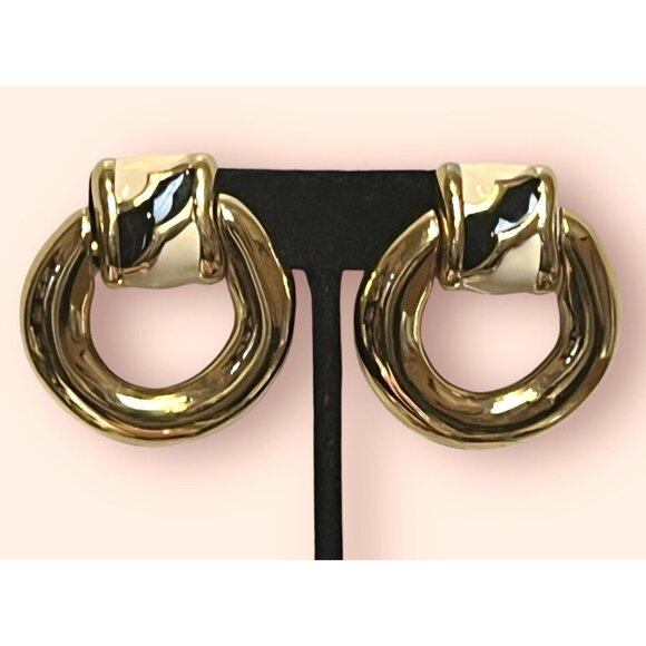 Givenchy ~ Large Vintage 80’s Dangle Drop Door Knocker Enamel Gold Tone Earrings - Picture 10 of 10